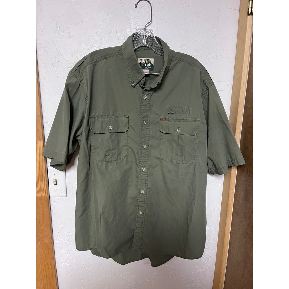Teton‎ by Woolrich Mens Large Olive Green Short Sleeve Utility Fishing Shirt